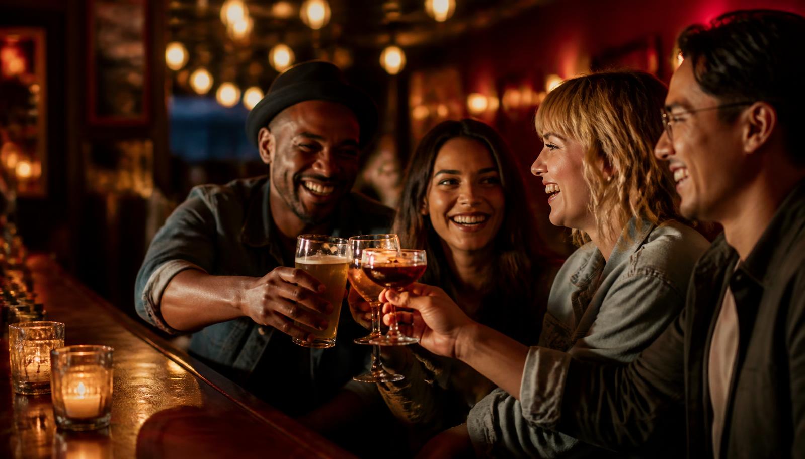 Amigos brindando en un bar