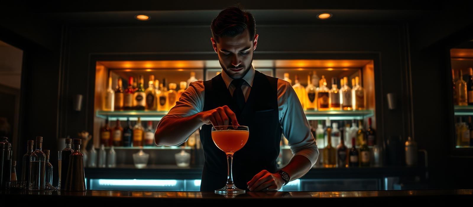 Bartender profesional preparando un cóctel