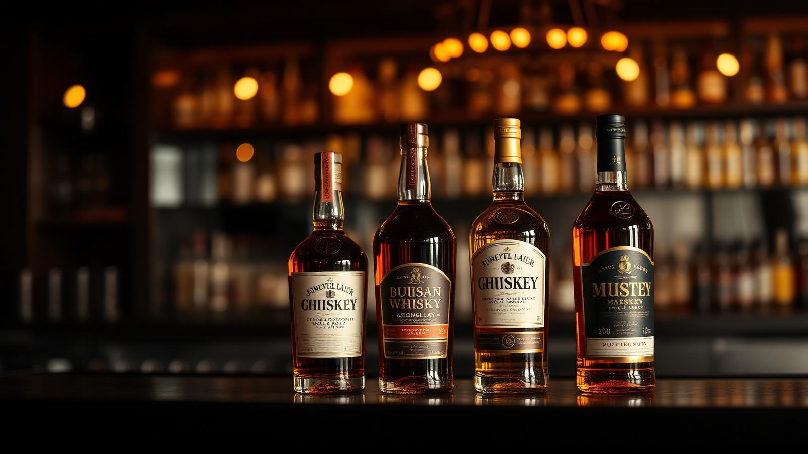 Botellas premium de whisky y ron sobre una barra