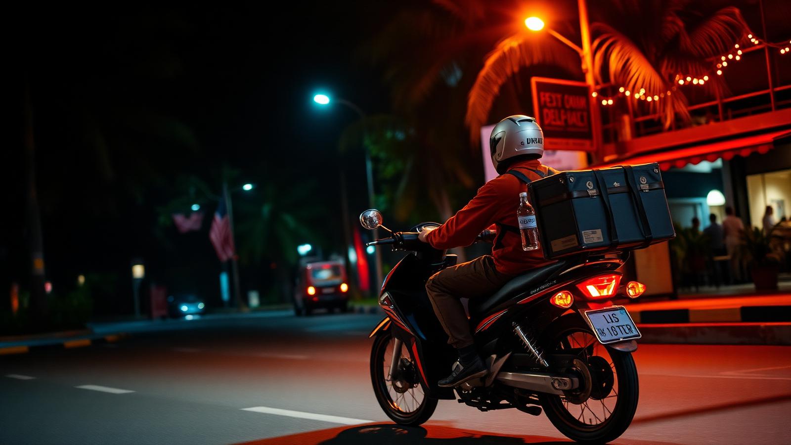 Repartidor entregando bebidas de noche en la ciudad
